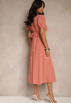 Pomarańczowa Rozkloszowana Sukienka Koktajlowa Ozdobiona Wiązaniem Ziverine