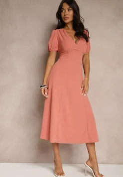 Pomarańczowa Rozkloszowana Sukienka Koktajlowa Ozdobiona Wiązaniem Ziverine