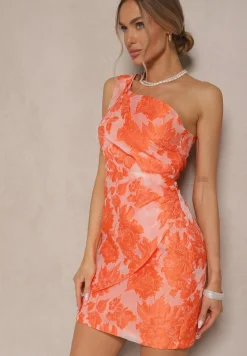 Pomarańczowa Sukienka w Kwiaty o Taliowanym Fasonie z Asymetryczną Górą na Jedno Ramię Halavira