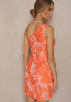 Pomarańczowa Sukienka w Kwiaty o Taliowanym Fasonie z Asymetryczną Górą na Jedno Ramię Halavira