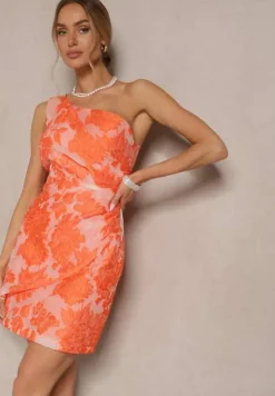 Pomarańczowa Sukienka w Kwiaty o Taliowanym Fasonie z Asymetryczną Górą na Jedno Ramię Halavira