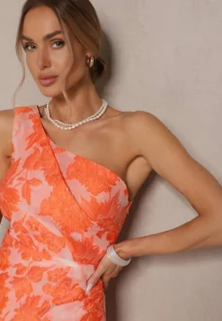 Pomarańczowa Sukienka w Kwiaty o Taliowanym Fasonie z Asymetryczną Górą na Jedno Ramię Halavira