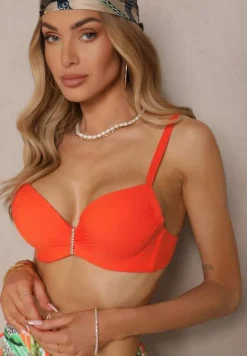 Pomarańczowe Bikini z Motywem Roślinnym Biustonosz i Majtki Figi ze Ściągaczami Sadorene