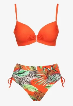 Pomarańczowe Bikini z Motywem Roślinnym Biustonosz i Majtki Figi ze Ściągaczami Sadorene