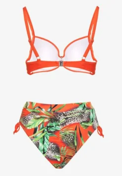 Pomarańczowe Bikini z Motywem Roślinnym Biustonosz i Majtki Figi ze Ściągaczami Sadorene