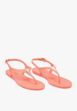 Pomarańczowe Płaskie Sandały w Stylu Japonek Zapinane na Sprzączkę z Aplikacją Abirena