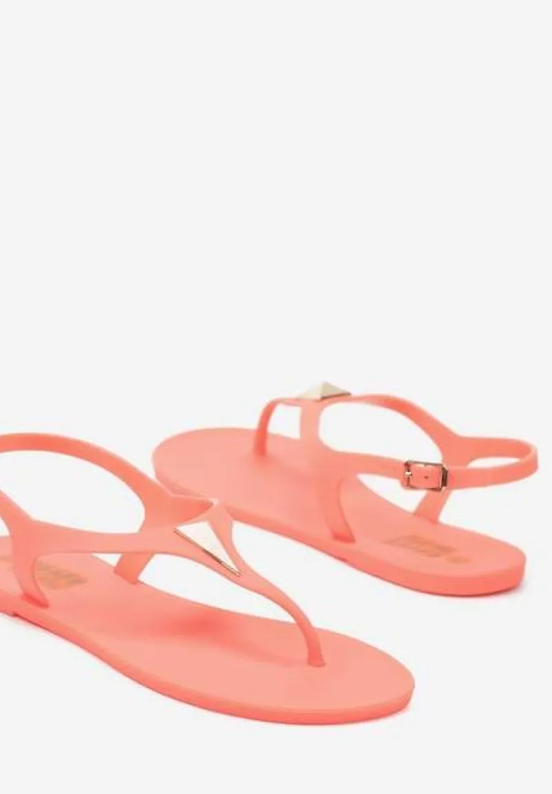 Pomarańczowe Płaskie Sandały w Stylu Japonek Zapinane na Sprzączkę z Aplikacją Abirena