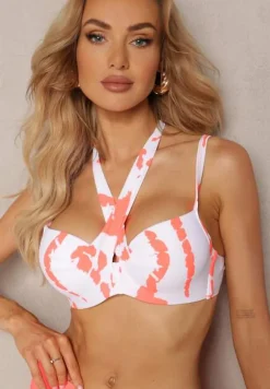 Pomarańczowo-Białe Bikini z Ozdobnym Biustonoszem i Plażową Narzutką w Komplecie Mayamarie