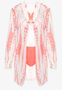 Pomarańczowo-Białe Bikini z Ozdobnym Biustonoszem i Plażową Narzutką w Komplecie Mayamarie