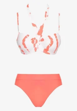 Pomarańczowo-Białe Bikini z Ozdobnym Biustonoszem i Plażową Narzutką w Komplecie Mayamarie