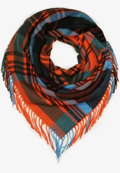 Pomarańczowo-Niebieski Kraciasty Szalik z Wiskozy i Bawełny z Frędzlami Relavis