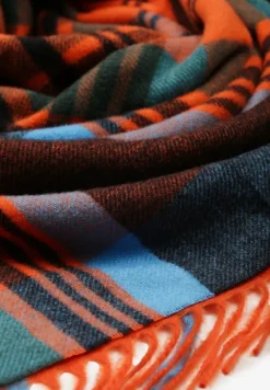 Pomarańczowo-Niebieski Kraciasty Szalik z Wiskozy i Bawełny z Frędzlami Relavis