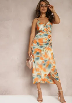 Pomarańczowo-Zielona Kopertowa Sukienka na Cienkich Ramiączkach o Satynowym Wykończeniu z Marszczeniami Vikida