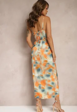 Pomarańczowo-Zielona Kopertowa Sukienka na Cienkich Ramiączkach o Satynowym Wykończeniu z Marszczeniami Vikida