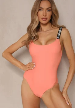 Pomarańczowy Strój Kąpielowy z Usztywnianymi Miseczkami Ozdobiony Napisami Tenera