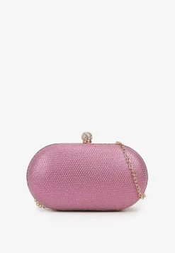 Różowa Cyrkoniowa Torebka Kopertówka z Jedną Komorą z Łańcuszkiem Ostama