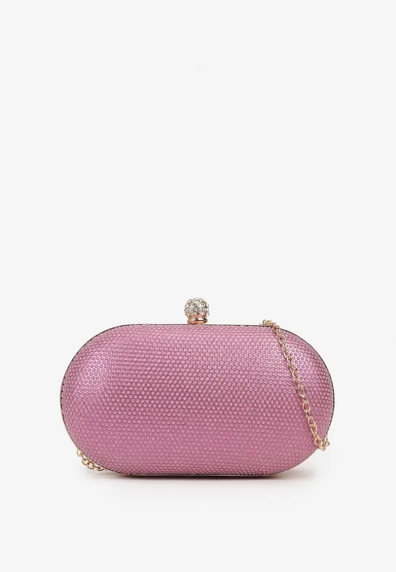 Różowa Cyrkoniowa Torebka Kopertówka z Jedną Komorą z Łańcuszkiem Ostama