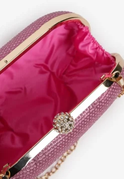 Różowa Cyrkoniowa Torebka Kopertówka z Jedną Komorą z Łańcuszkiem Ostama