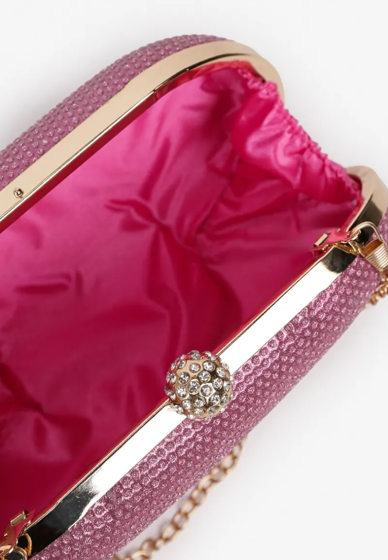 Różowa Cyrkoniowa Torebka Kopertówka z Jedną Komorą z Łańcuszkiem Ostama