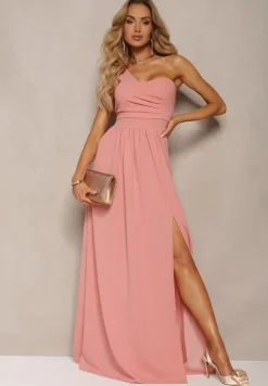 Różowa Asymetryczna Koktajlowa Sukienka o Długim Rozkloszowanym Kroju Erulia