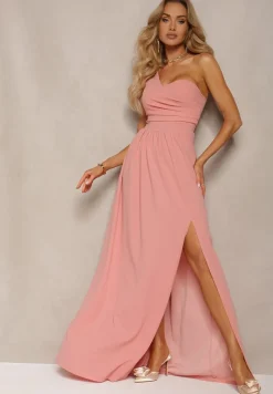 Różowa Asymetryczna Koktajlowa Sukienka o Długim Rozkloszowanym Kroju Erulia