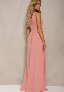 Różowa Asymetryczna Koktajlowa Sukienka o Długim Rozkloszowanym Kroju Erulia