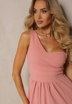 Różowa Asymetryczna Koktajlowa Sukienka o Długim Rozkloszowanym Kroju Erulia