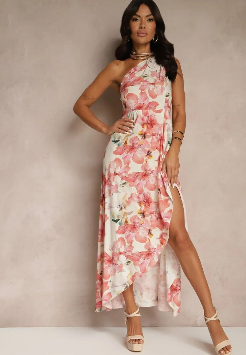 Różowa Asymetryczna Sukienka z Wiskozy w Kwiaty Linive