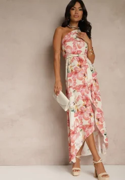 Różowa Asymetryczna Sukienka z Wiskozy w Kwiaty Linive