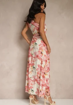 Różowa Asymetryczna Sukienka z Wiskozy w Kwiaty Linive