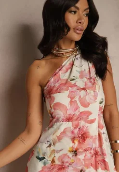 Różowa Asymetryczna Sukienka z Wiskozy w Kwiaty Linive