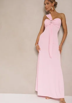 Różowa Asymetryczna Sukienka Koktajlowa Ozdobiona Metaliczną Aplikacją Divianis