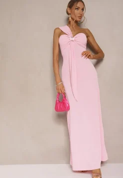 Różowa Asymetryczna Sukienka Koktajlowa Ozdobiona Metaliczną Aplikacją Divianis