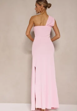 Różowa Asymetryczna Sukienka Koktajlowa Ozdobiona Metaliczną Aplikacją Divianis