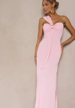 Różowa Asymetryczna Sukienka Koktajlowa Ozdobiona Metaliczną Aplikacją Divianis
