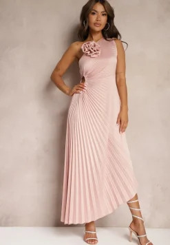 Różowa Asymetryczna Sukienka z Plisowanym Dołem i Aplikacją w Kształcie Kwiatu Fevima