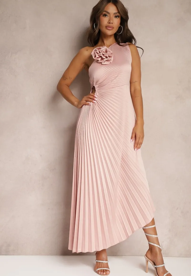 Różowa Asymetryczna Sukienka z Plisowanym Dołem i Aplikacją w Kształcie Kwiatu Fevima