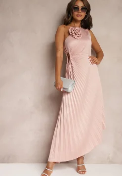 Różowa Asymetryczna Sukienka z Plisowanym Dołem i Aplikacją w Kształcie Kwiatu Fevima