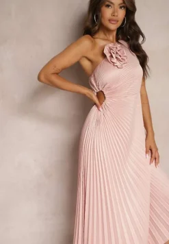 Różowa Asymetryczna Sukienka z Plisowanym Dołem i Aplikacją w Kształcie Kwiatu Fevima