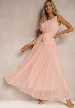 Różowa Koktajlowa Sukienka z Tiulowym Dołem Bez Rękawów Elastar