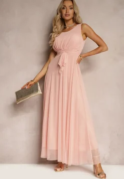 Różowa Koktajlowa Sukienka z Tiulowym Dołem Bez Rękawów Elastar