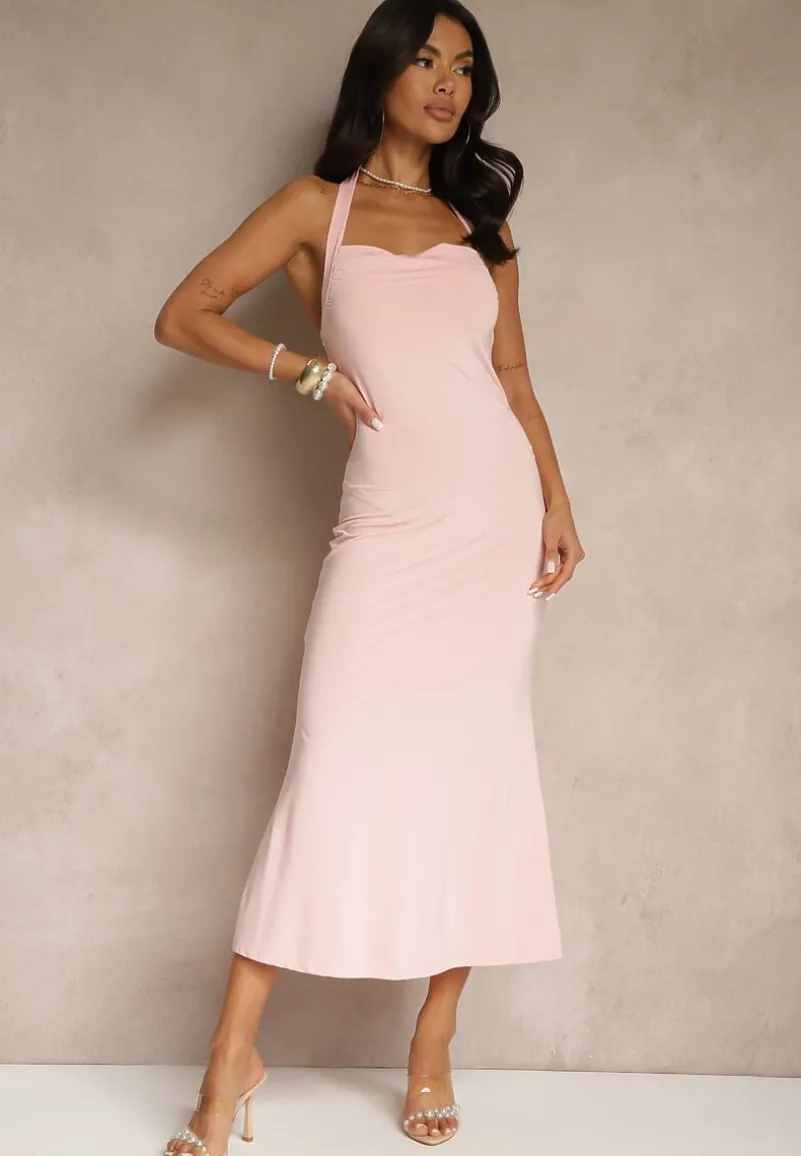 Różowa Koktajlowa Sukienka Taliowana z Wiskozą Folarose