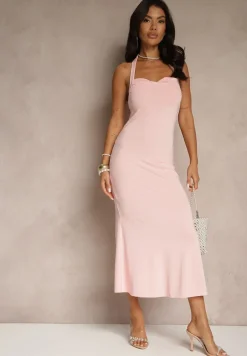 Różowa Koktajlowa Sukienka Taliowana z Wiskozą Folarose