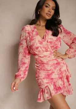 Różowa Kopertowa Sukienka Zdobiona Marszczeniem i Falbanami Jalliera