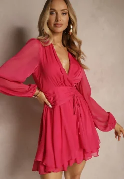 Różowa Kopertowa Sukienka z Prześwitującymi Rękawami o Rozkloszowanym Dole Ninelira