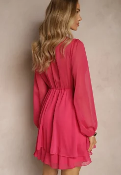 Różowa Kopertowa Sukienka z Prześwitującymi Rękawami o Rozkloszowanym Dole Ninelira
