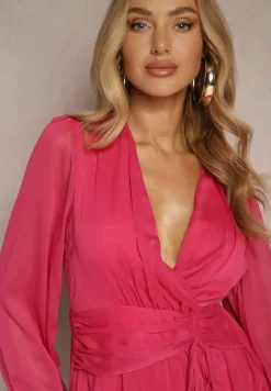 Różowa Kopertowa Sukienka z Prześwitującymi Rękawami o Rozkloszowanym Dole Ninelira