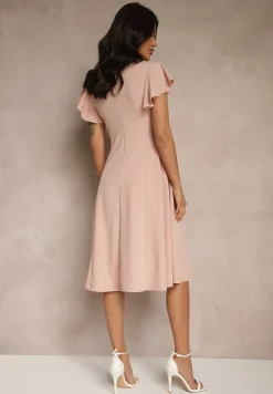 Różowa Kopertowa Sukienka z Rozkloszowanym Dołem i Ozdobnym Wiązaniem Dannola