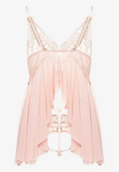 Różowa Koszula Nocna z Koronkowymi Wstawkami na Ramiączkach ze Stringami Rellissa