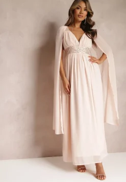 Różowa Maxi Sukienka o Rozkloszowanym Fasonie Ozdobiona Cekinami na Szerokich Ramiączkach Nedilva